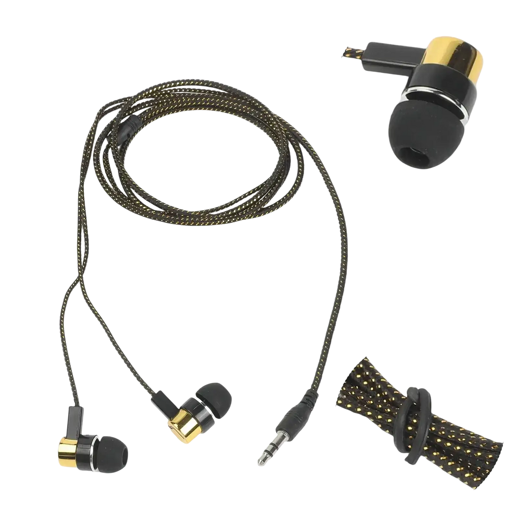 Black and gold wired in-ear headphones with braided cable featuring bass stereo sound and volume control via 3.5mm jack