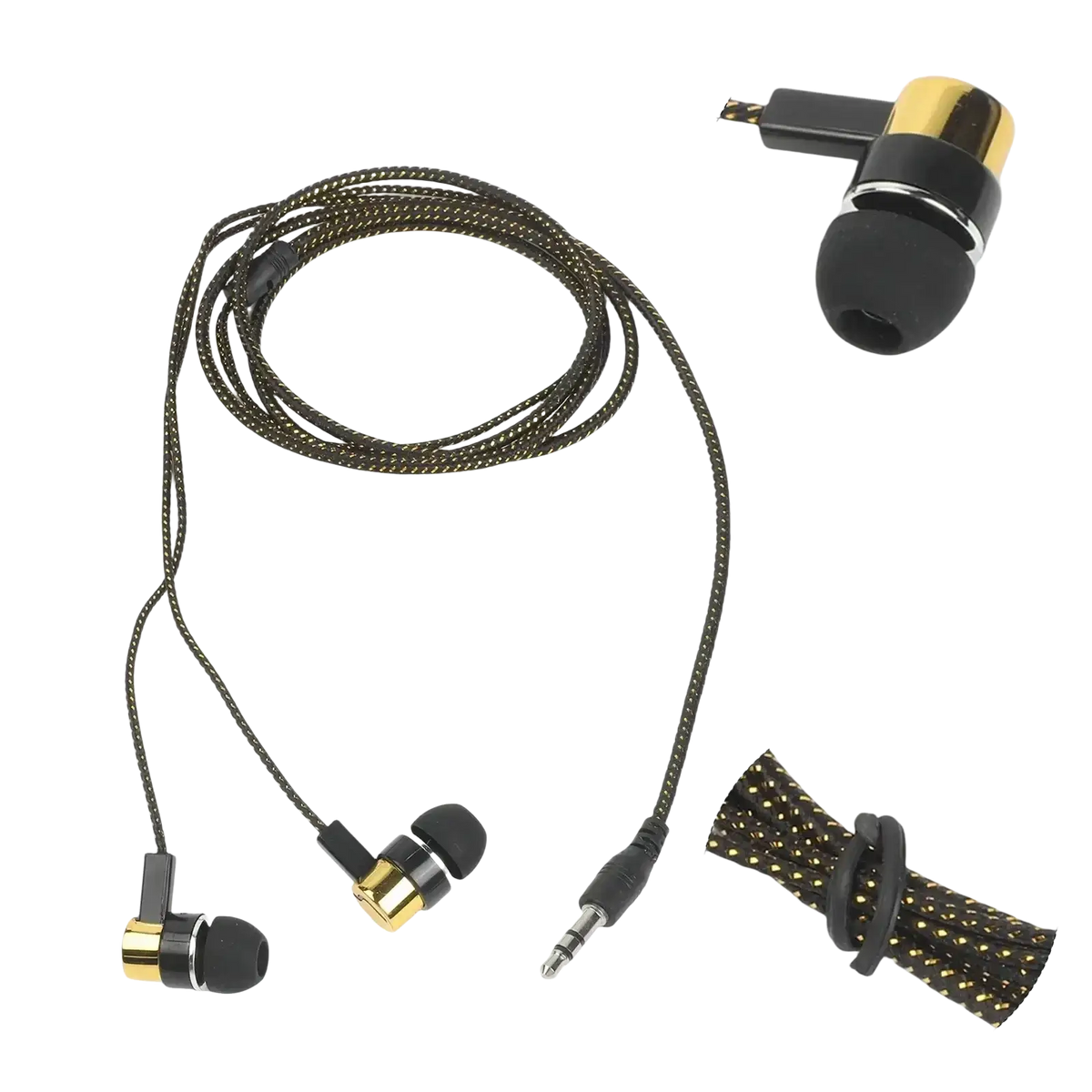 Black and gold wired in-ear headphones with braided cable featuring bass stereo sound and volume control via 3.5mm jack