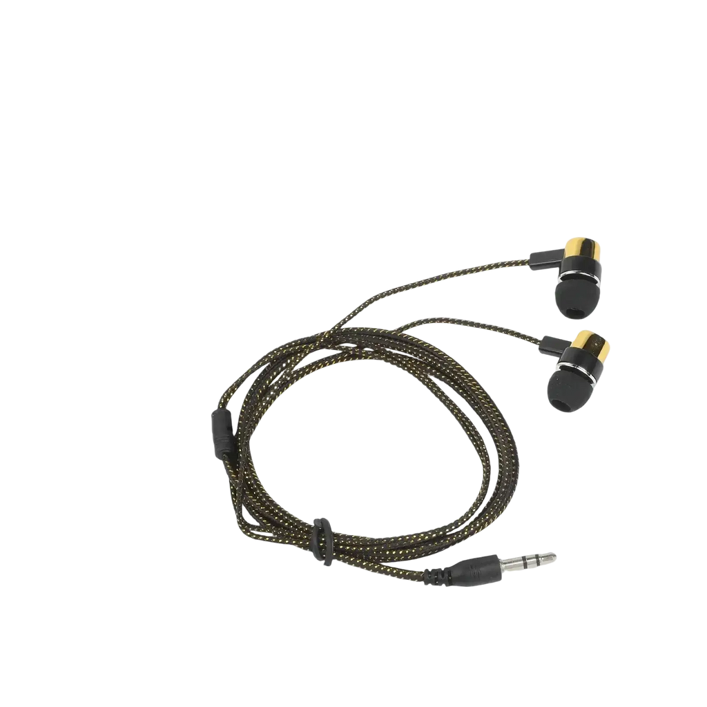 Black and gold bass stereo wired in-ear headphones with braided cable and volume control for 3.5mm devices