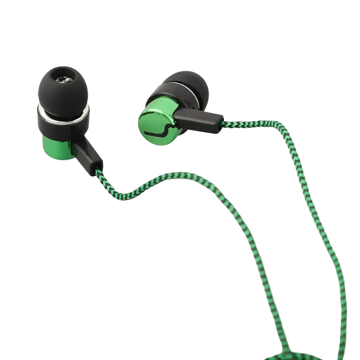 Green and black wired in-ear headphones with braided cable bass stereo and inline volume control 3.5mm jack