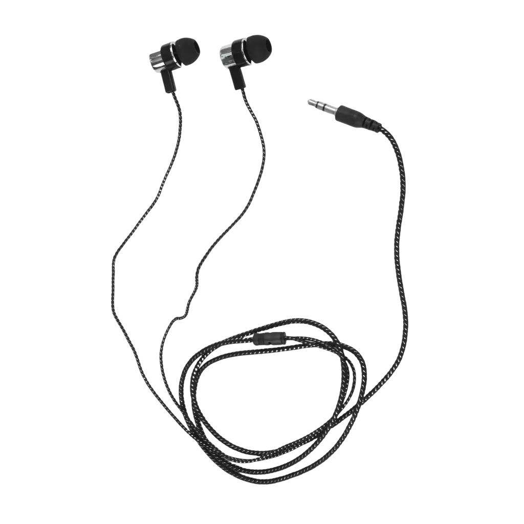 Black in-ear bass stereo wired headphones with braided cable silver accents and 3.5mm jack for enhanced audio