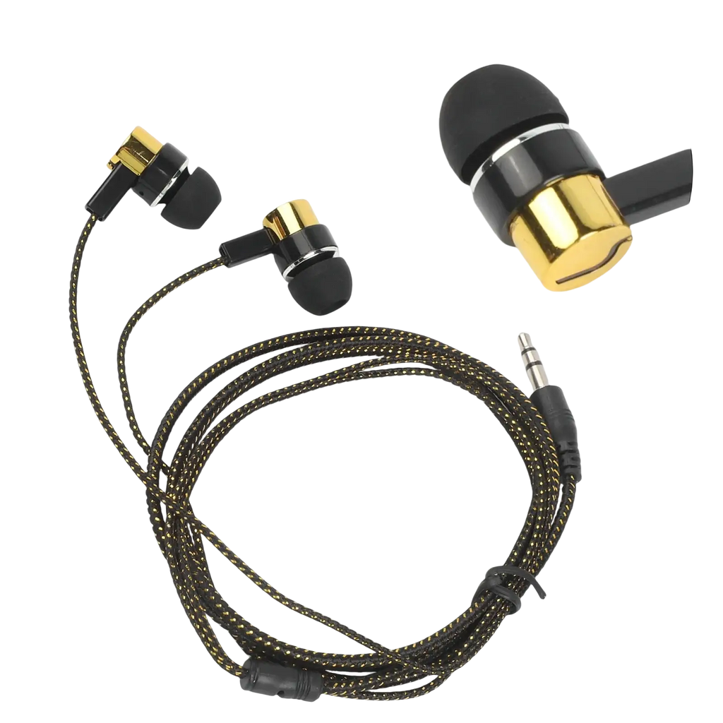 Black and gold bass stereo wired in-ear headphones with braided cable and 3.5mm jack for clear audio