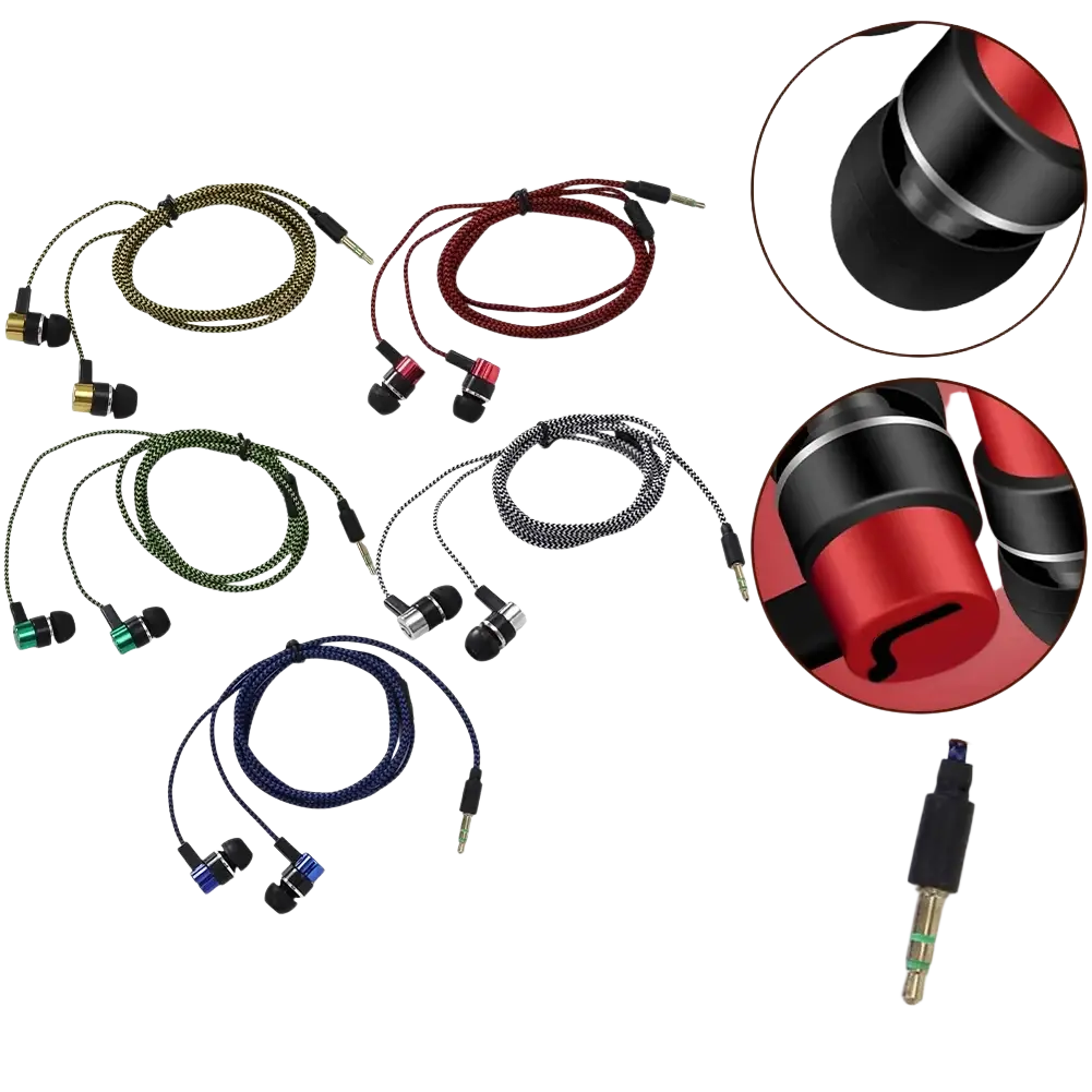 Bass stereo wired in-ear headphones with braided cords in multiple colors and metallic accents with 3.5mm jack