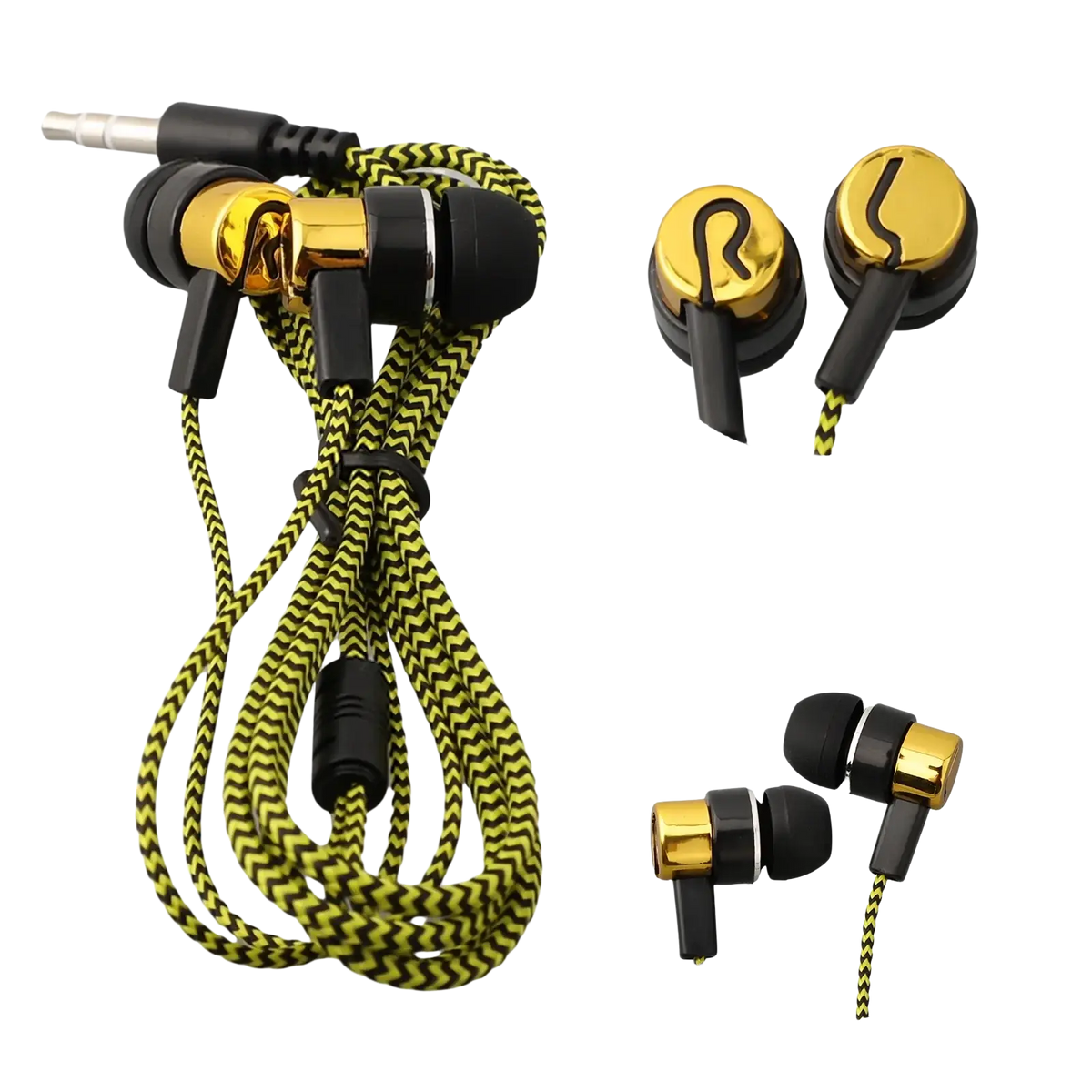 Gold and black bass stereo wired in-ear headphones with zigzag patterned cord and 3.5mm jack for clear audio