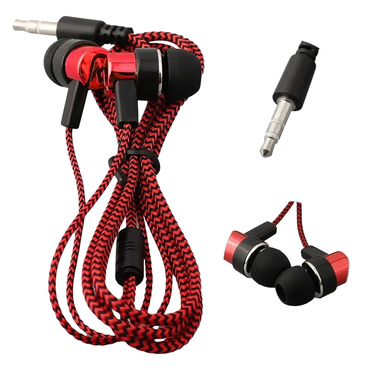 Red and black woven bass stereo wired in-ear headphones with metallic accents and volume control 3.5mm plug