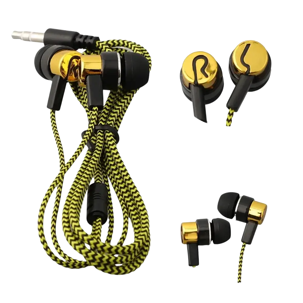Bass stereo wired in-ear headphones with gold and black inlay earbuds and a zigzag patterned cord for enhanced sound quality