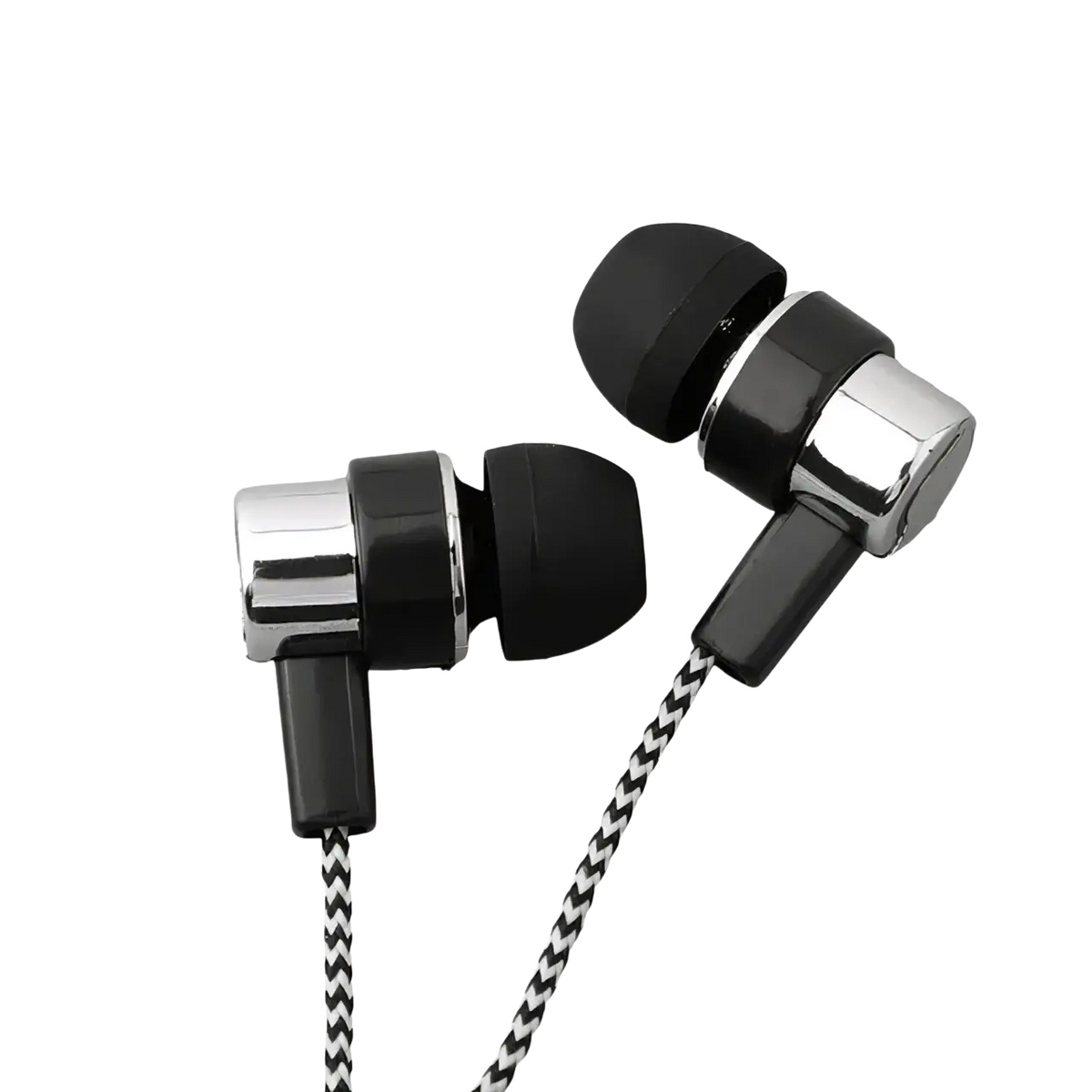 Silver gray bass stereo wired in-ear headphones with sleek black chrome design and durable braided cable