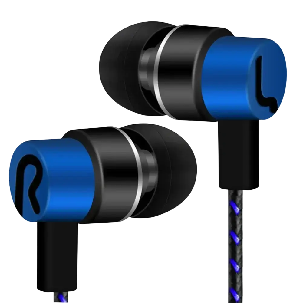 Blue and black bass stereo wired in-ear headphones with sleek metallic finish and embossed logo on earpiece with 3.5mm jack