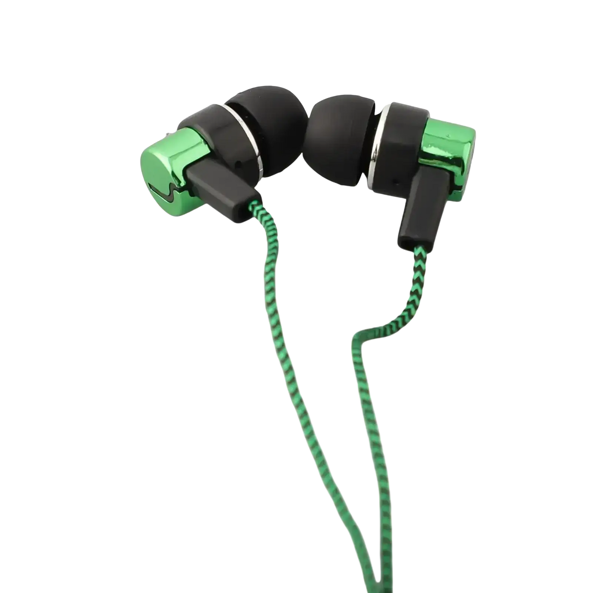 Green and black bass stereo wired in-ear headphones with braided cable and 3.5mm jack for clear stereo wired sound