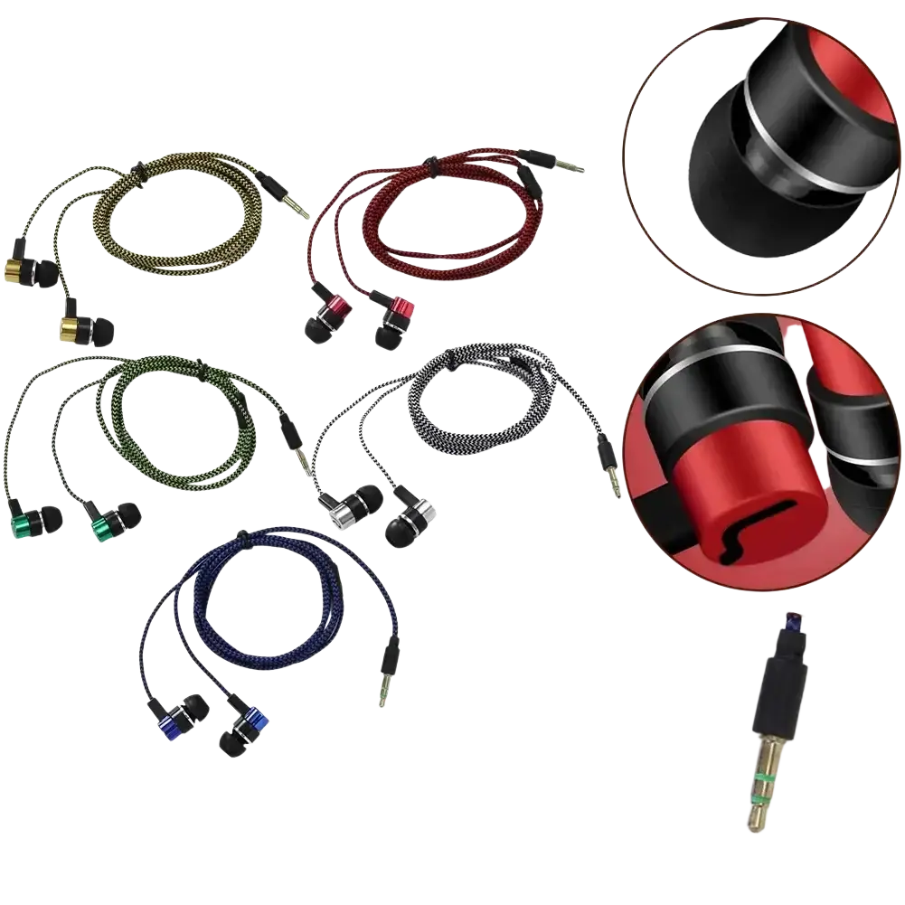 Bass stereo wired earbuds with red and black inlay design and braided cable with 3.5mm jack for clear sound