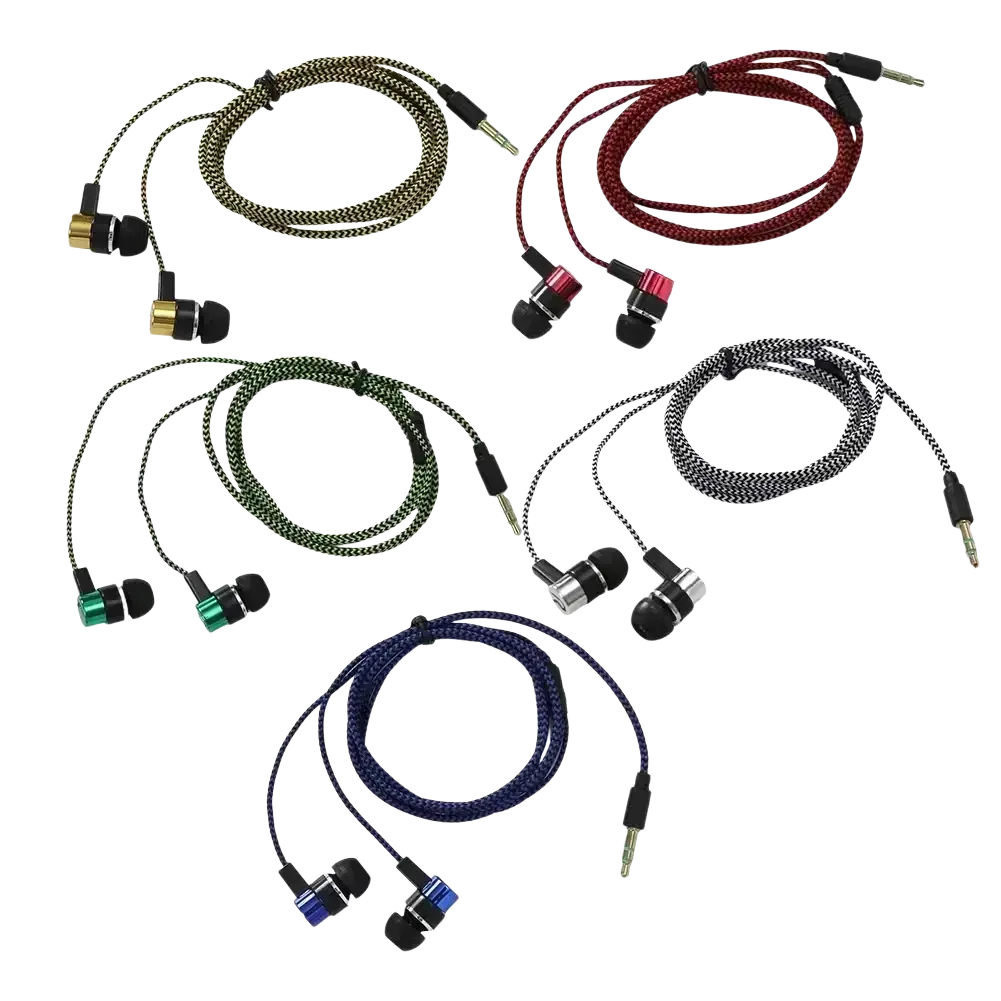 Set of five colorful braided bass stereo wired in-ear headphones with metallic accents and black ear tips with 3.5mm jack