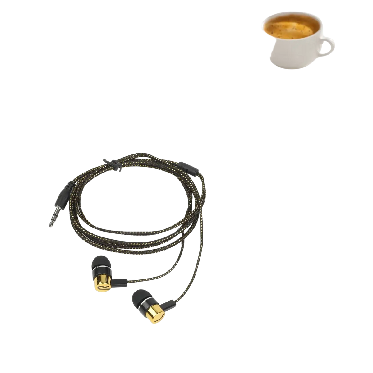 Black and gold bass stereo wired in-ear headphones with volume control and braided cable for stereo headphone use