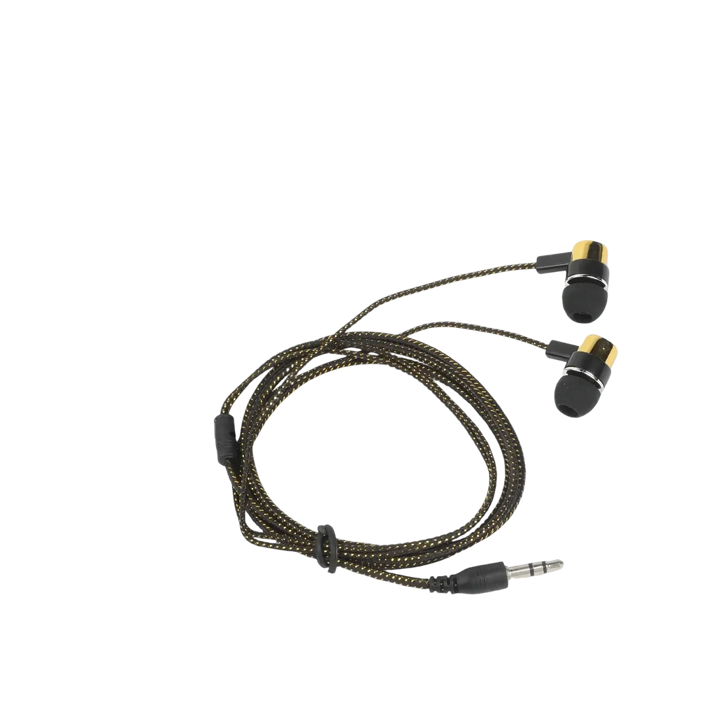 Black and gold bass stereo wired earphones with braided cord and volume control for superior stereo headphone sound