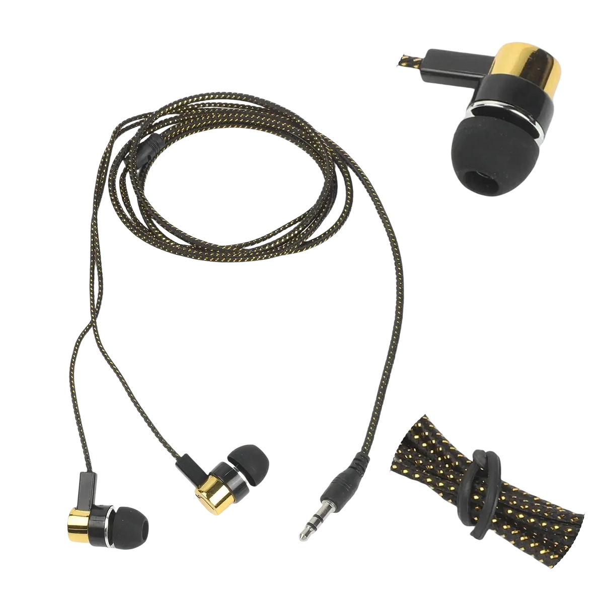 Black and gold bass stereo wired earphones with braided cable and volume control for enhanced stereo headphone experience
