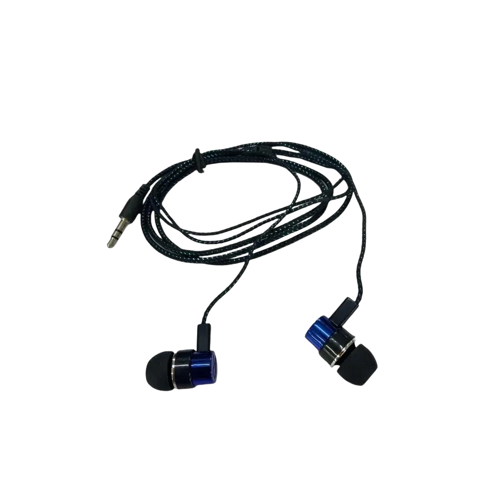 Blue and black bass stereo wired earphones with metallic accents and volume control for in-ear 3.5mm stereo headphone use