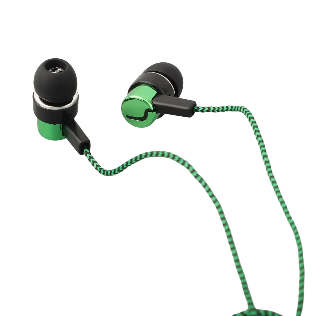 Green and black bass stereo wired in-ear headphones with braided cable and volume control for clear stereo sound