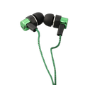 Bass stereo wired in-ear headphones in green and black with braided cable and volume control for enhanced stereo sound