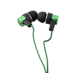 Bass stereo wired in-ear headphones in green and black with braided cable and volume control for enhanced stereo sound