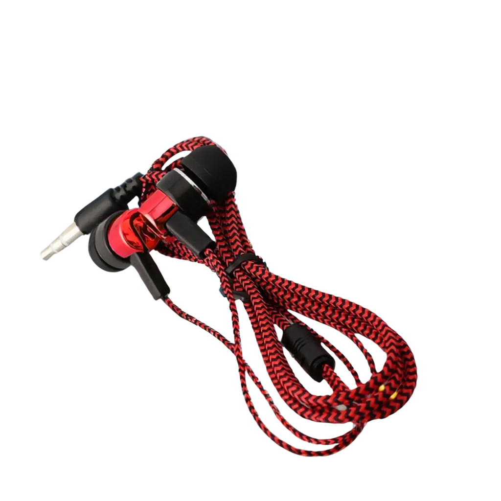Bass stereo wired earphones 3.5mm in-ear stereo headphone with red and black braided cable and volume control metallic accent