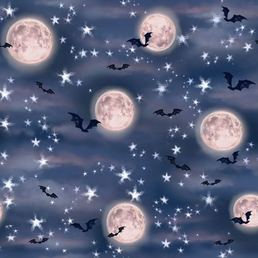 Bat moon Greta navy blue vintage cotton wrap dress with glowing full moons black bats and sparkling stars pattern