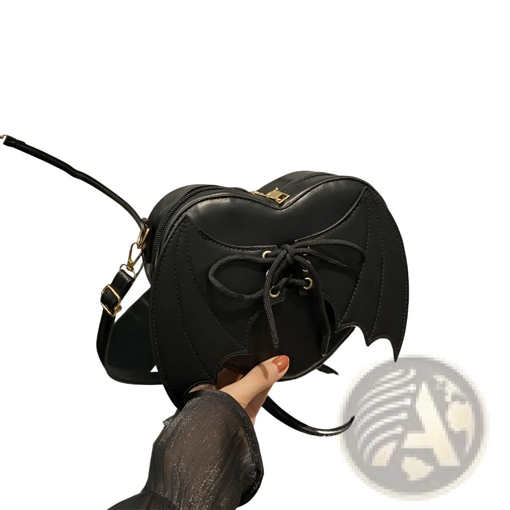 Black bat wing heart crossbody bag with lace up detail leather material and gold tone hardware