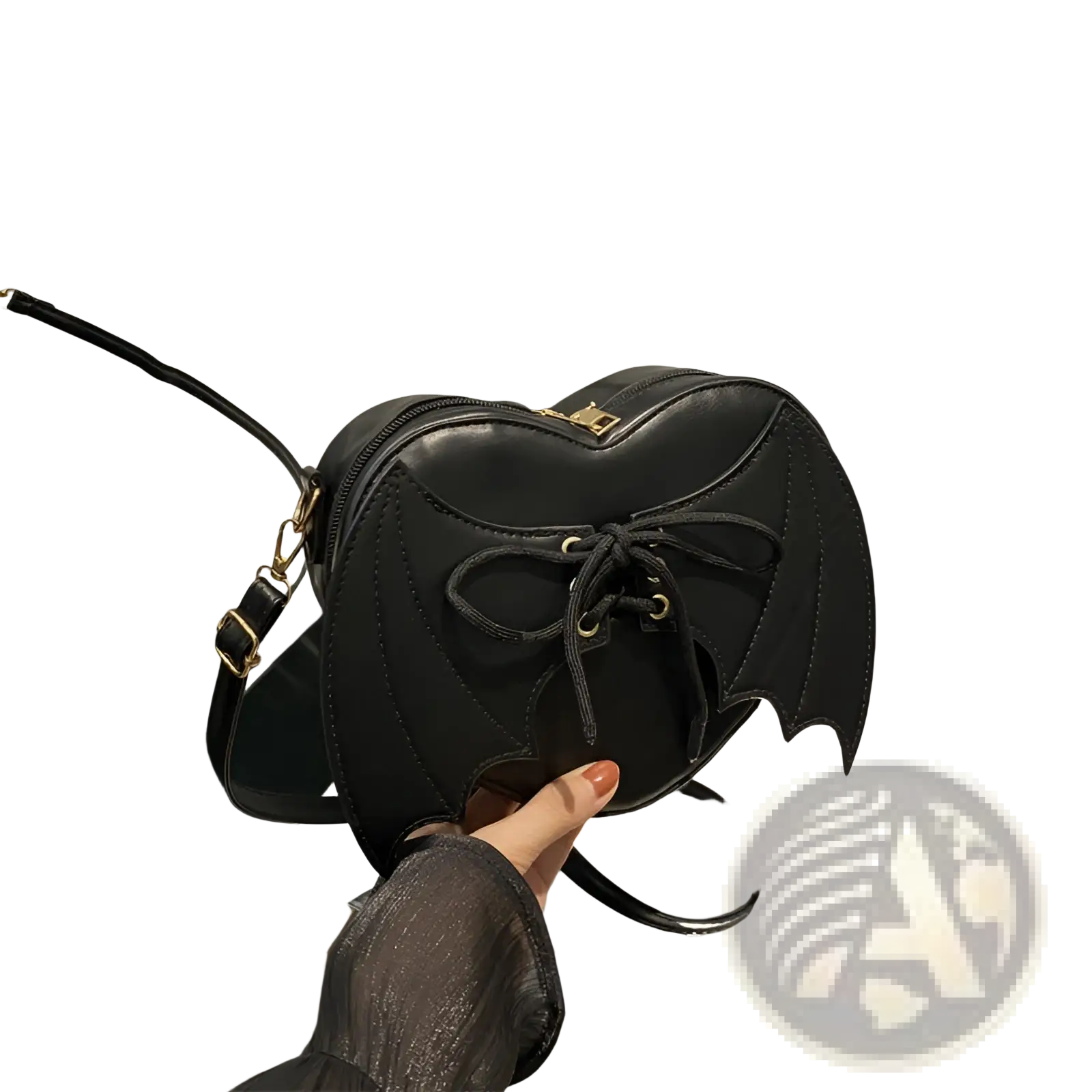 Black bat wing heart crossbody bag with lace up detail leather material and gold tone hardware