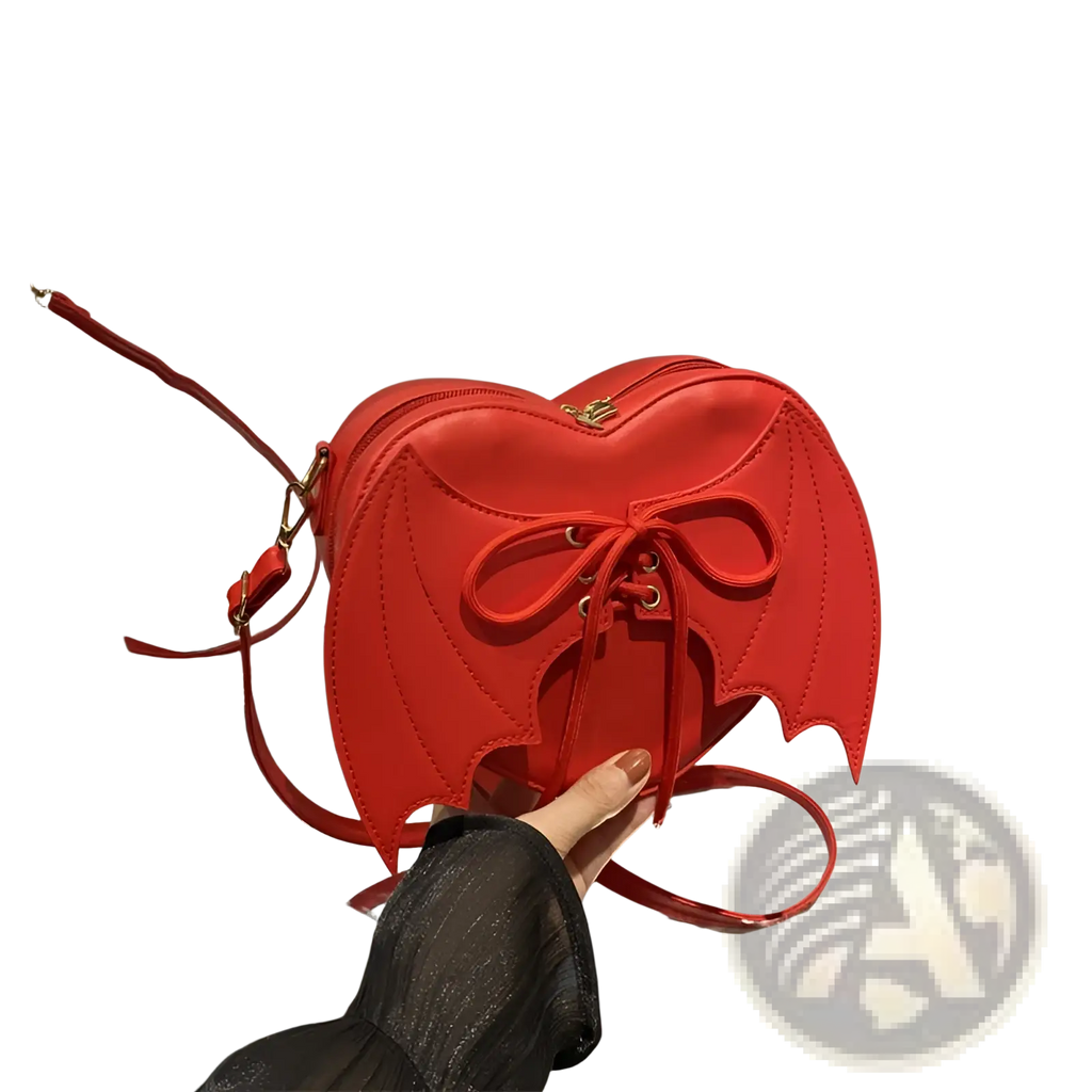 A vibrant red leather bat wing heart crossbody bag with lace up front detail and unique wing accents