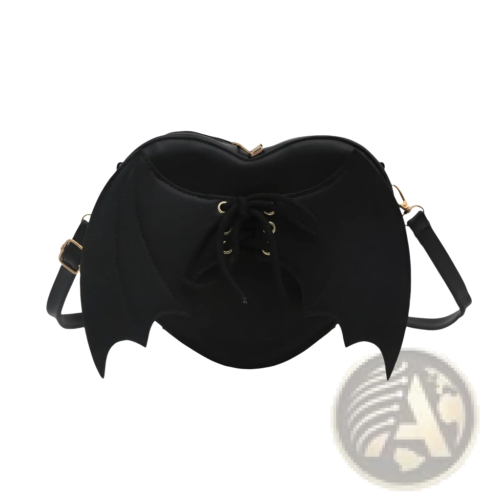 Black bat wing heart crossbody bag with lace up detail and gold tone hardware in a compact, stylish design