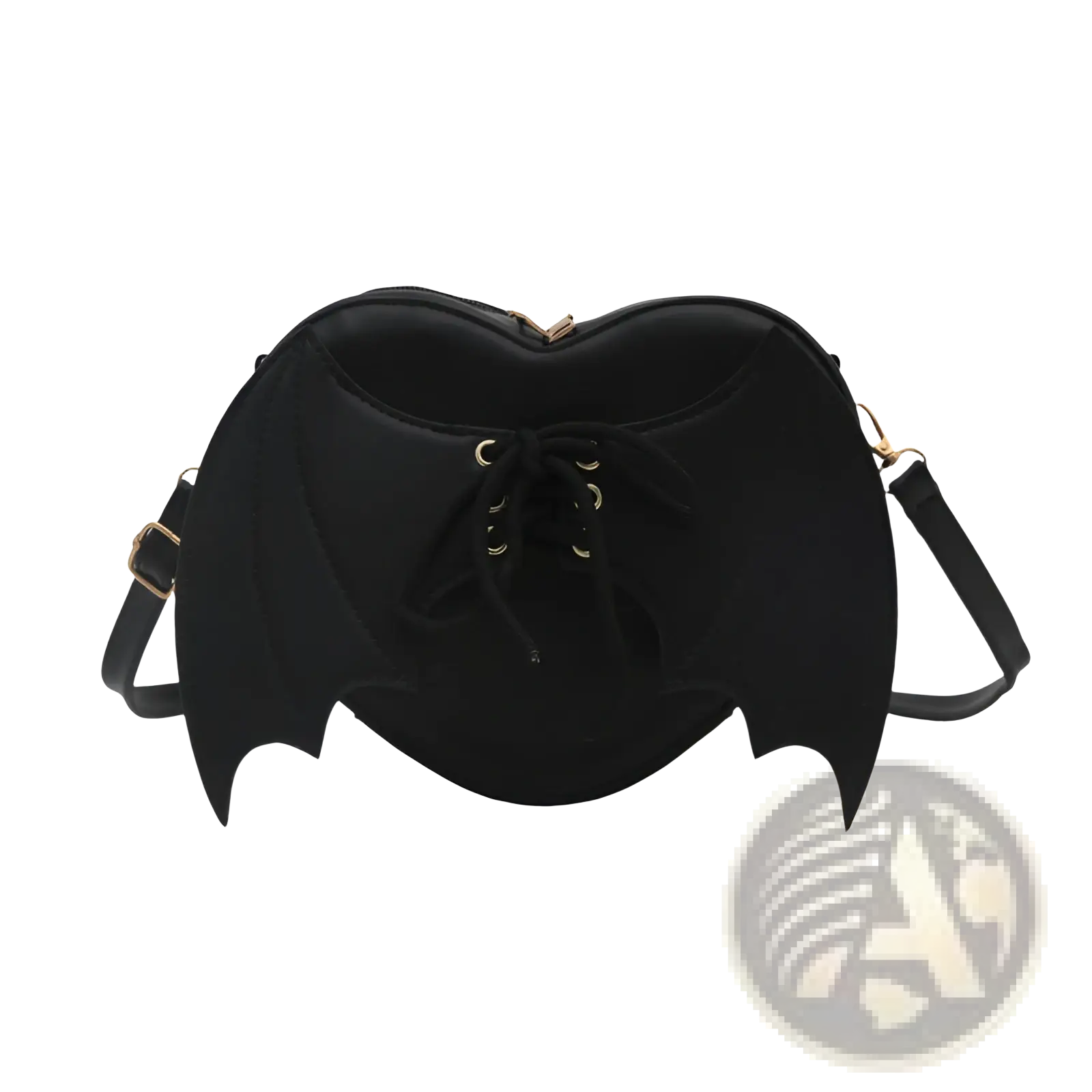 Black bat wing heart crossbody bag with lace up detail and gold tone hardware in a compact, stylish design