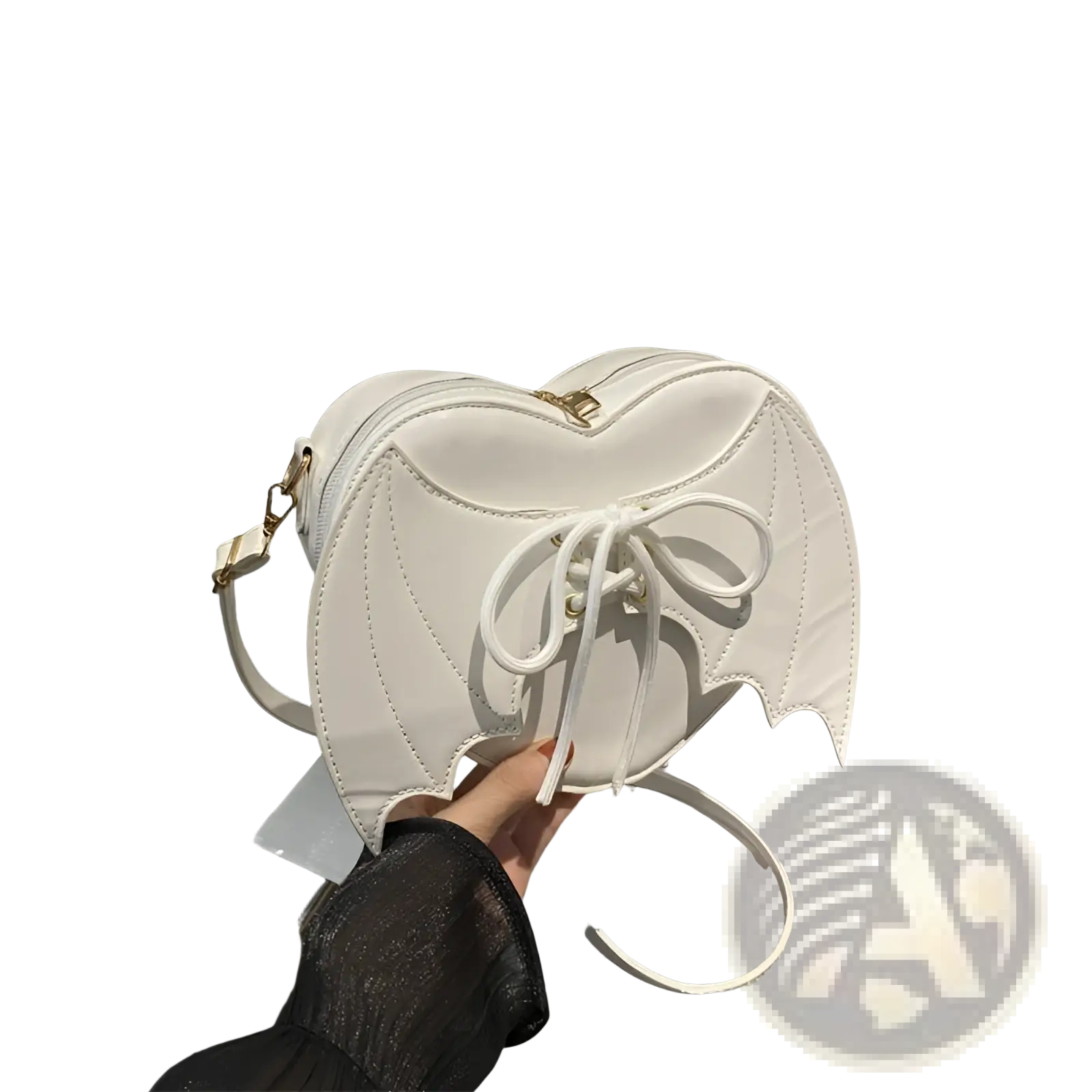 White bat-wing shaped crossbody bag with gold-tone hardware and white lace-up front detail in leather material