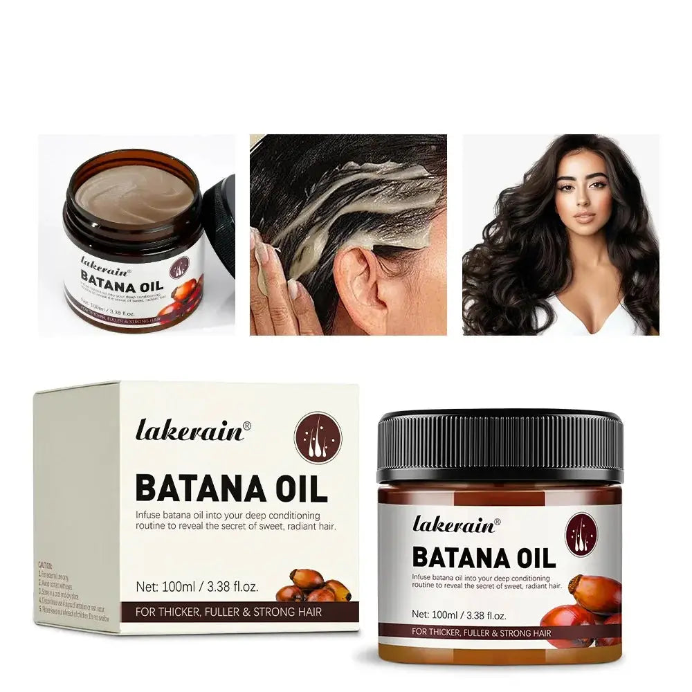 Lakerain batana oil hair smoothing conditioner in a brown glass jar with black lid for thicker fuller hair 100ml