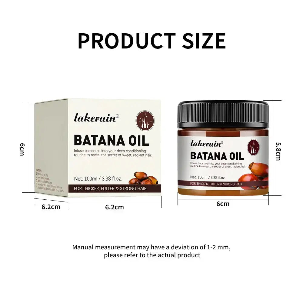 Lakerain Batana Oil hair smoothing conditioner in a clear glass jar with black lid containing amber oil for fuller hair