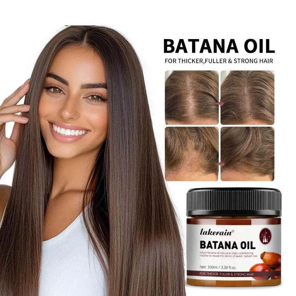 A brown glass jar with black lid labeled lakerain batana oil hair smoothing conditioner for thicker fuller strong hair