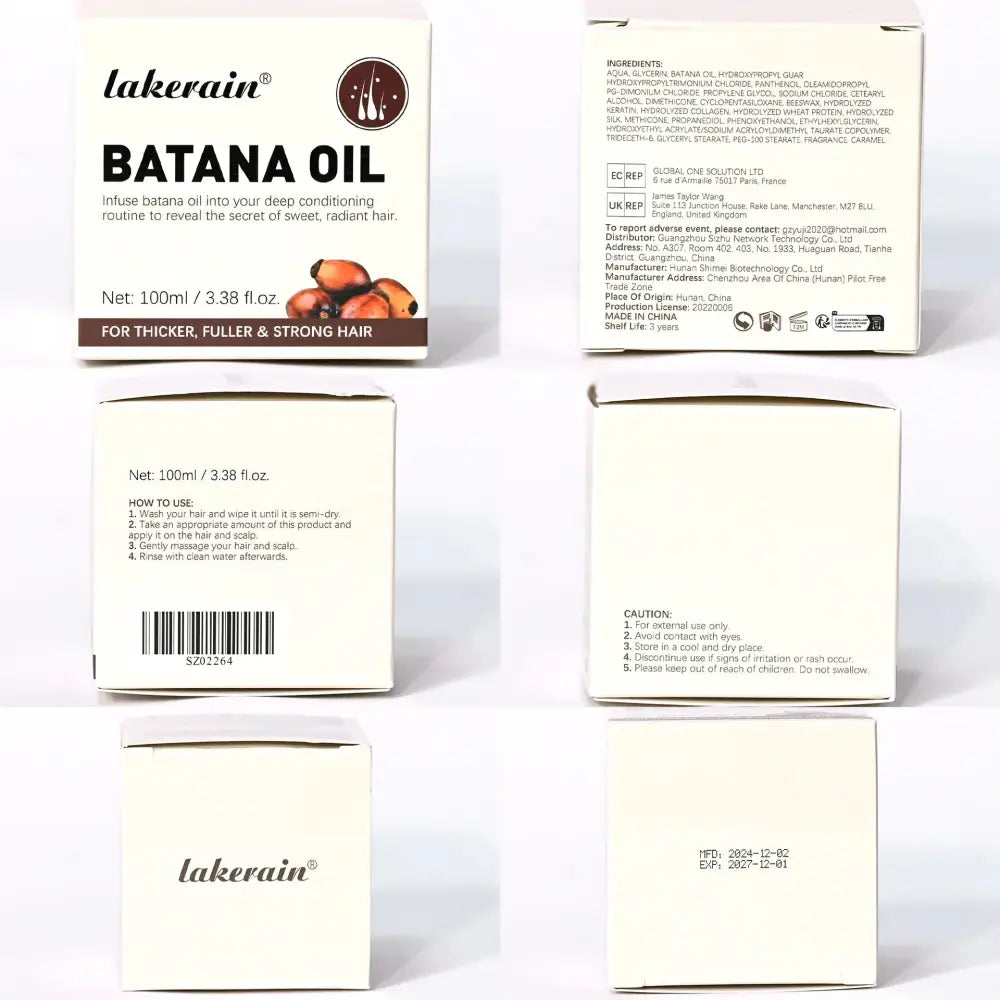 Lakerain batana oil hair smoothing conditioner 100ml in white box with brown accents and batana fruit image on front