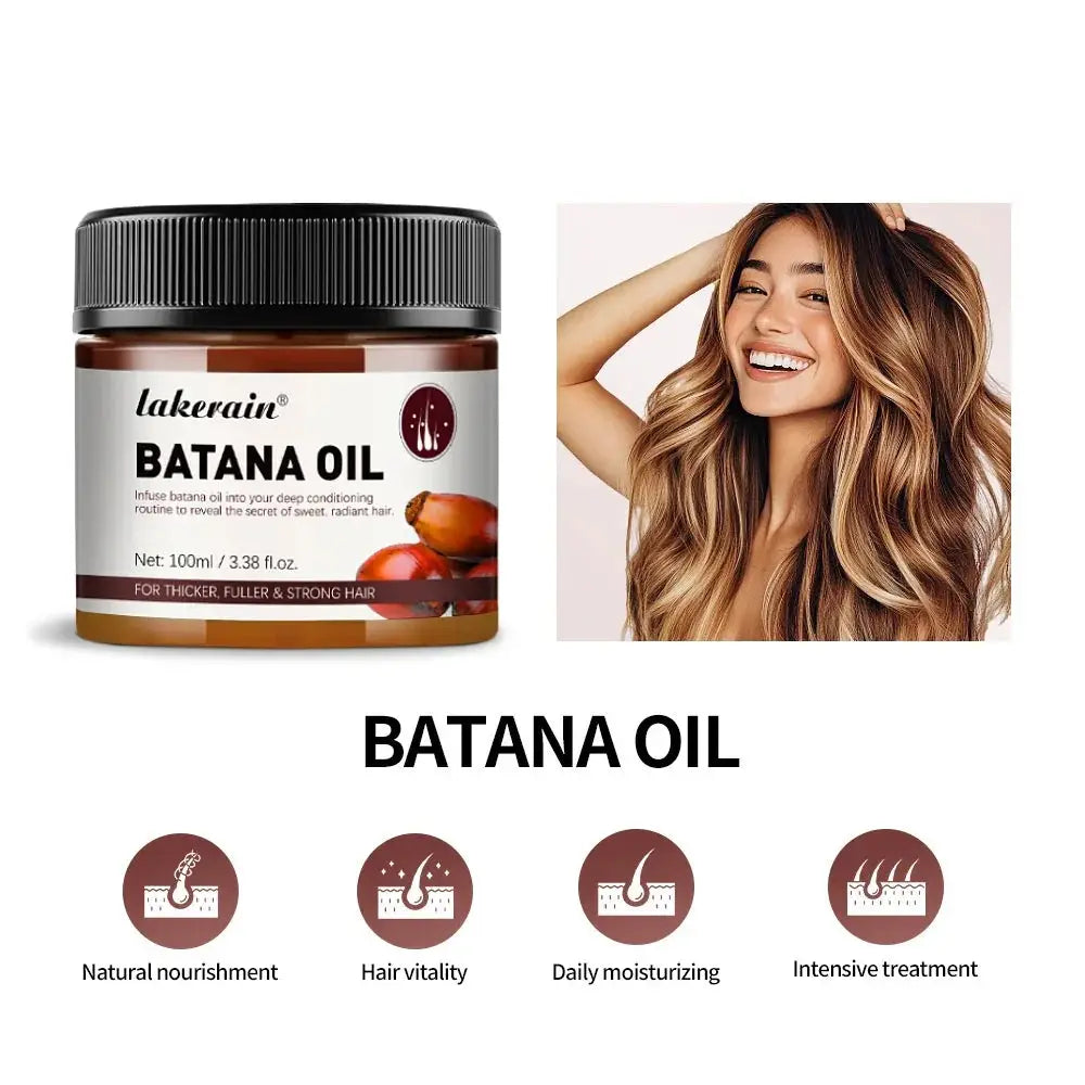 A brown glass jar with a black ribbed lid and white label of lakerain batana oil hair smoothing conditioner 100ml