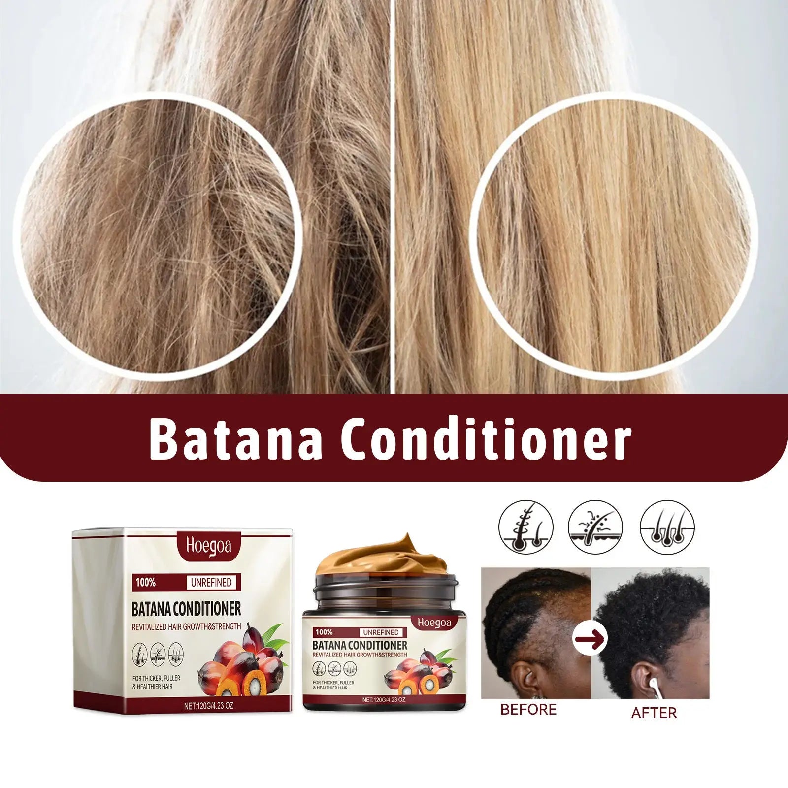 Hoegoa batana hair conditioner keratin softening in a brown jar with silver lid featuring palm fruits label
