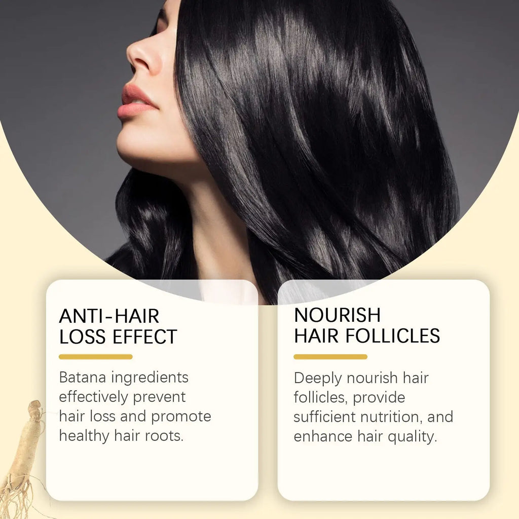 Batana hair oil for growth and nourishing care 100ml shown with lustrous black hair smooth and silky in texture