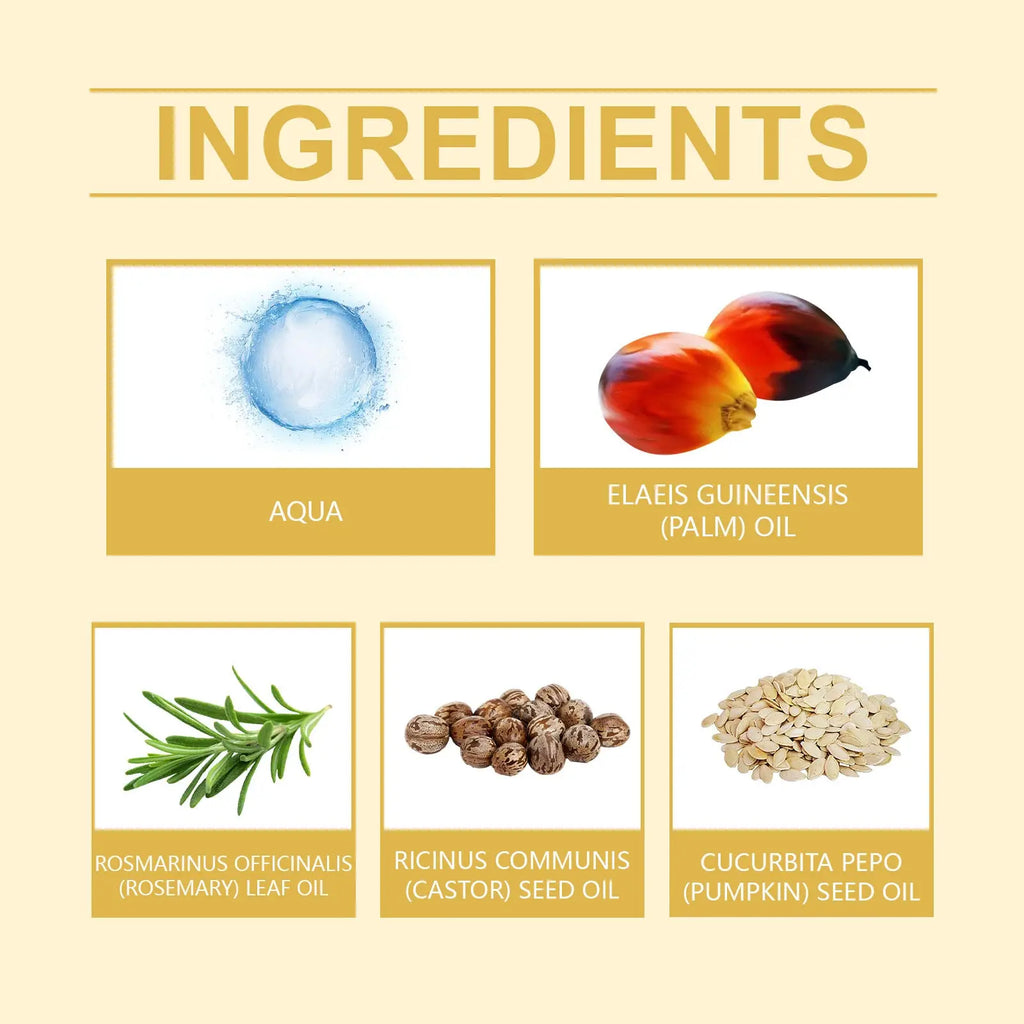 The back side of batana hair oil 100ml showing ingredients including aqua palm oil rosemary leaf oil castor seed oil and pumpkin seed oil