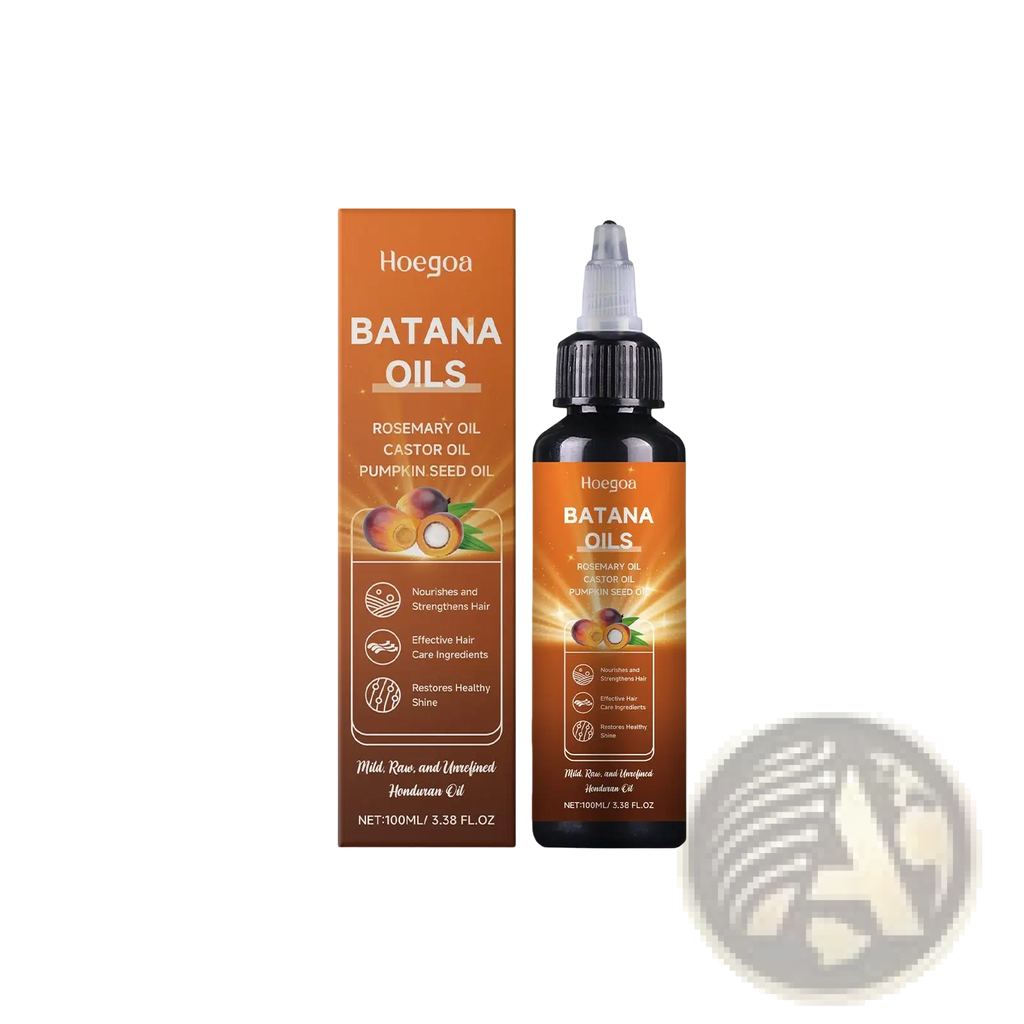 Hoegoa batana hair oil 100ml in dark glass bottle with orange label and black cap featuring rosemary castor and pumpkin seed oils