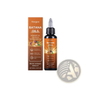 Hoegoa batana hair oil 100ml in dark glass bottle with orange label and black cap featuring rosemary castor and pumpkin seed oils