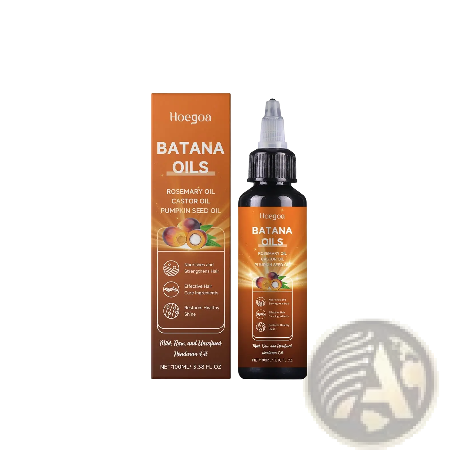 Hoegoa batana hair oil 100ml in dark glass bottle with orange label and black cap featuring rosemary castor and pumpkin seed oils