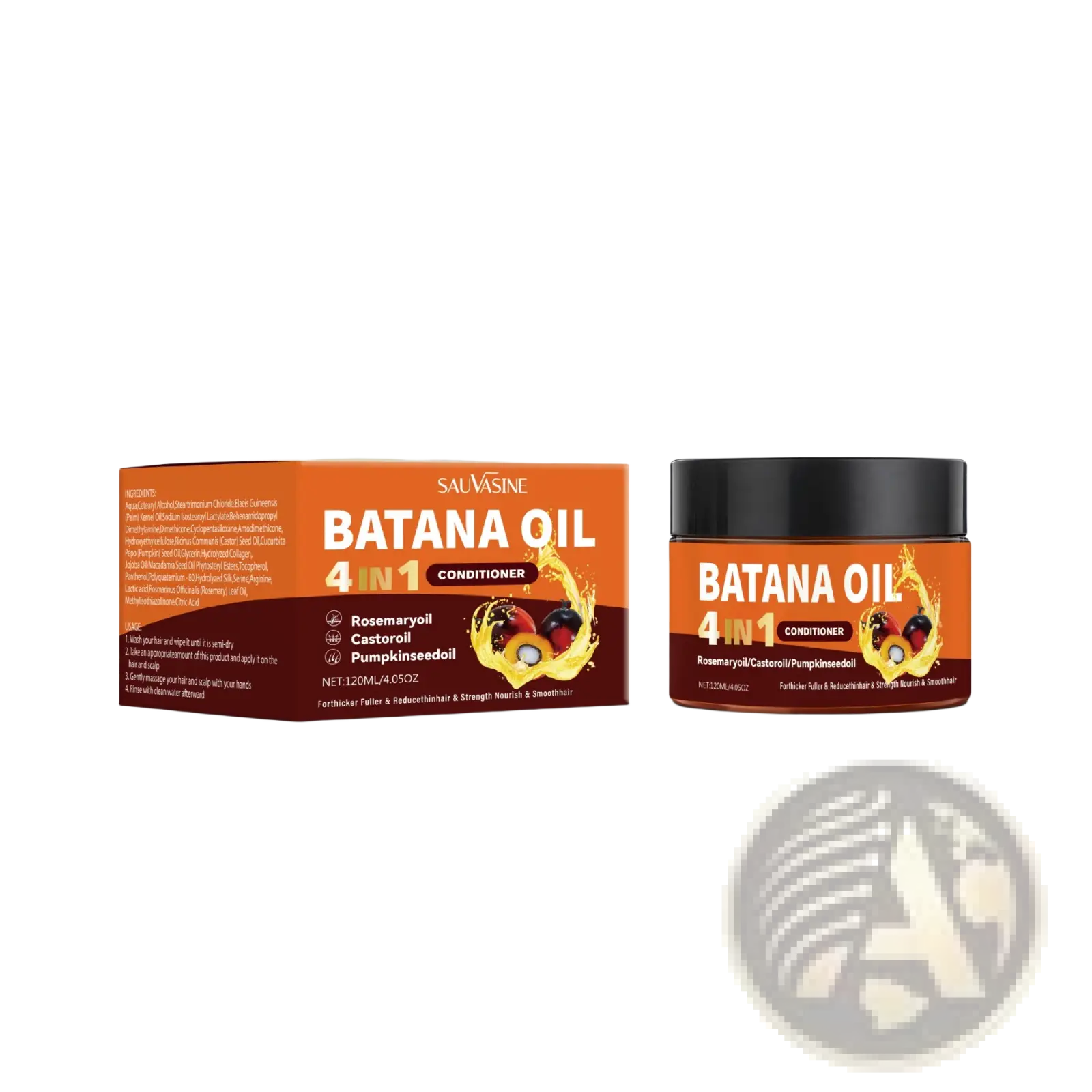 Batana oil 4-in-1 hair conditioner jar and box in orange and black with rosemary castor and pumpkinseed oil illustrations