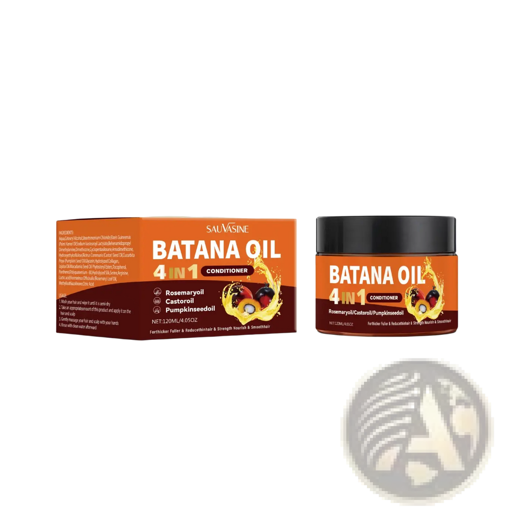 Batana oil 4-in-1 hair conditioner jar and box with rosemary castor and pumpkinseed oil illustrations 120g