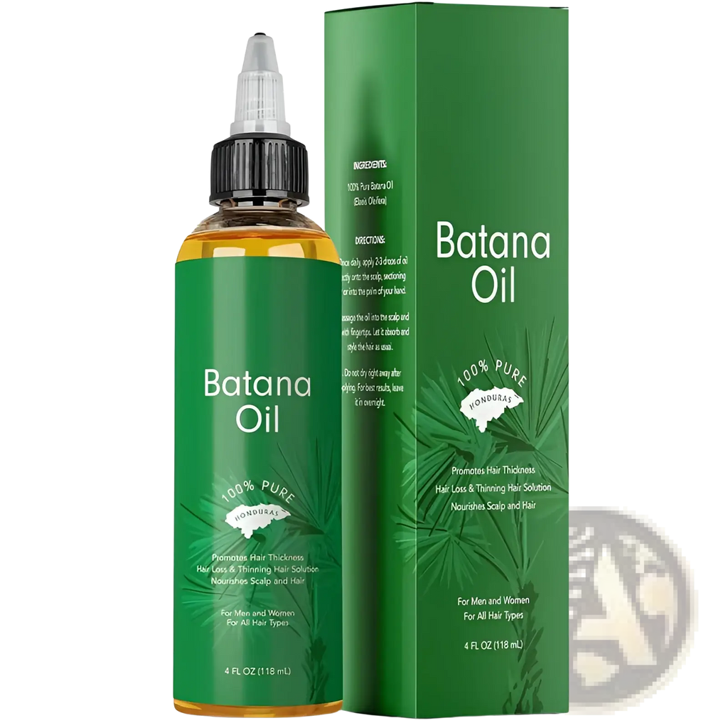 Green bottle of batana oil with black dropper and amber liquid next to green box with palm leaf design for hair growth and nourishment