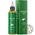 Green bottle of batana oil with black dropper and amber liquid next to green box with palm leaf design for hair growth and nourishment