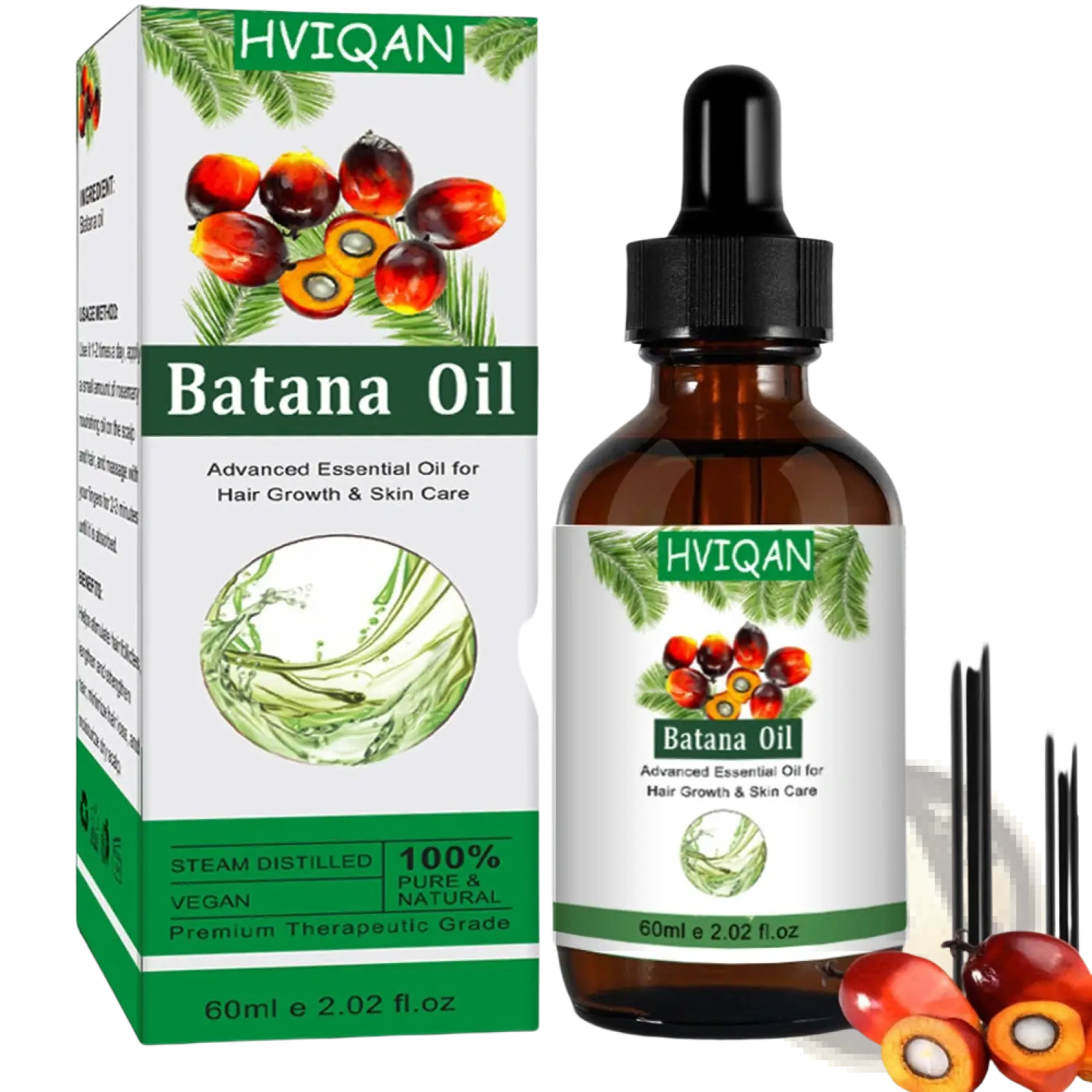 Batana oil hair growth and nourishing essential oil in 60ml amber glass dropper bottle with palm fruit label and green packaging