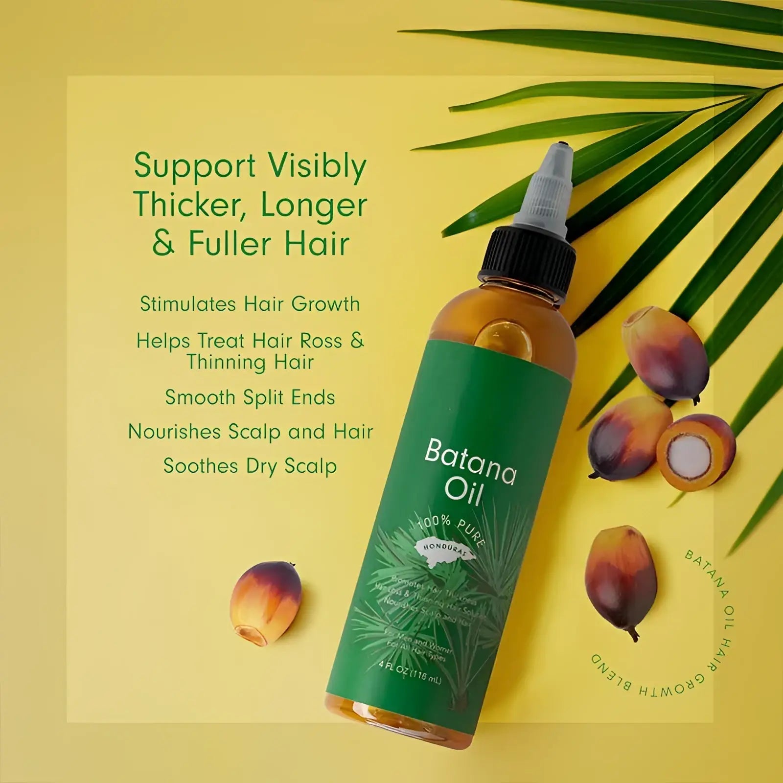 A green-labeled bottle of Batana oil hair growth and nourishing essential oil with black cap and white dropper