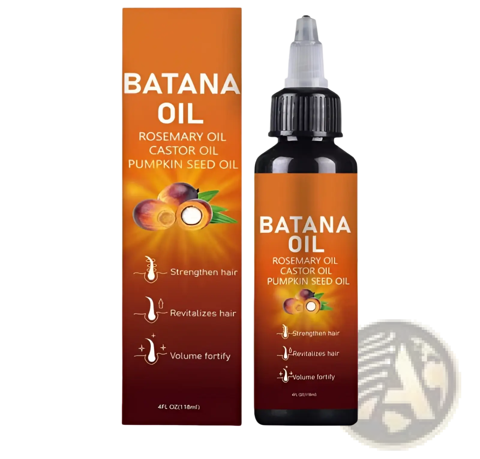 Orange-labeled batana oil bottle with black dropper cap containing rosemary castor and pumpkin seed oils for hair growth and nourishment