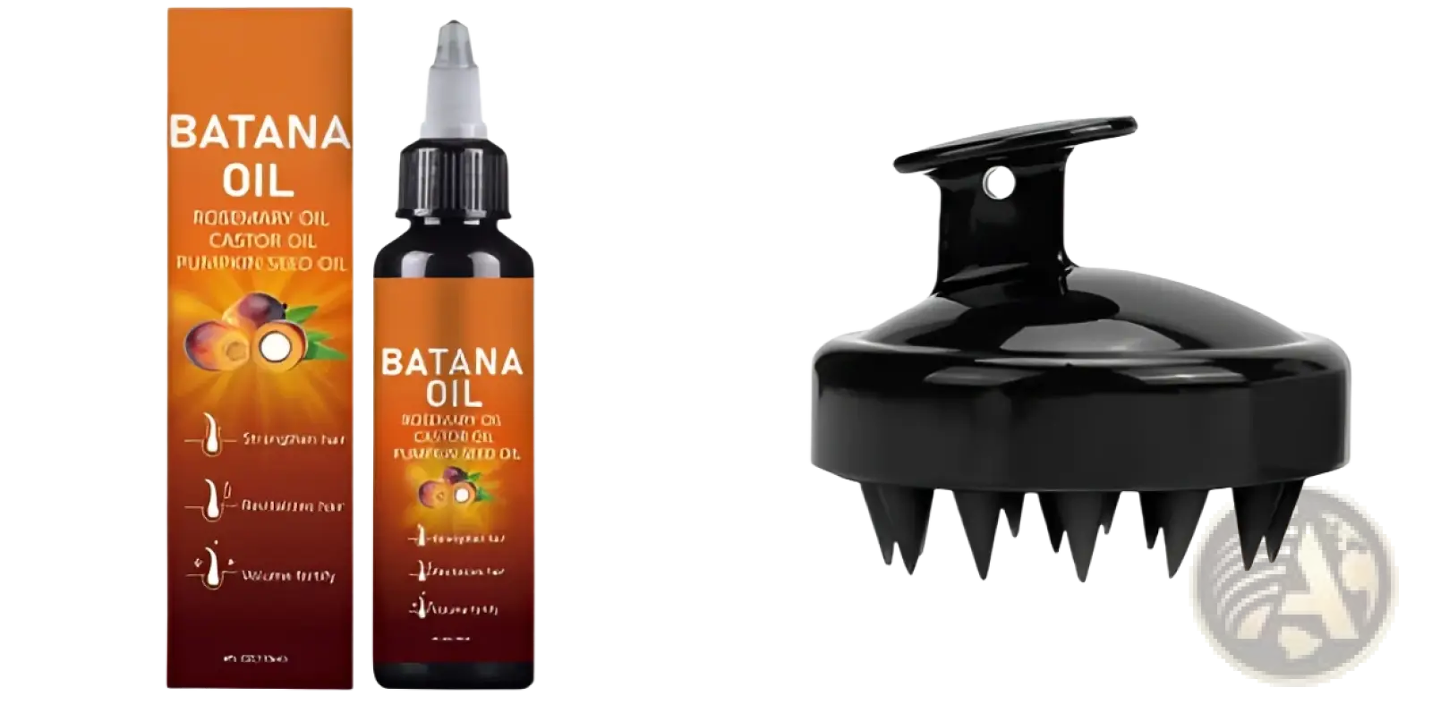 Black plastic bottle of Batana oil hair growth and nourishing essential oil with orange label and black cap featuring rosemary castor and pumpkin seed oils blend