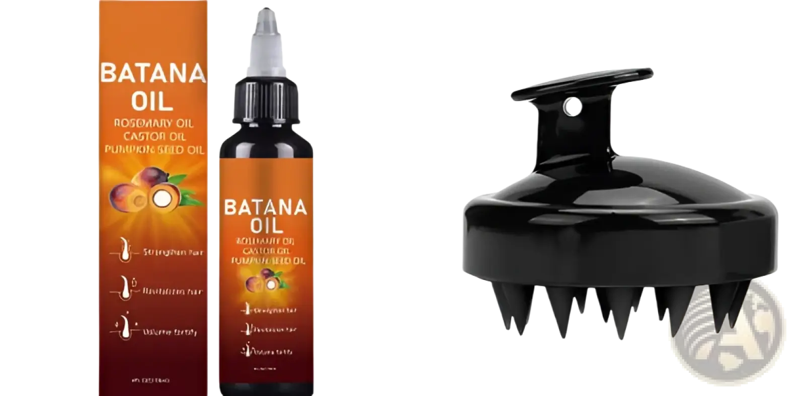 Black plastic scalp massager with sharp pointed bristles and handle for easy grip in Batana oil hair growth product
